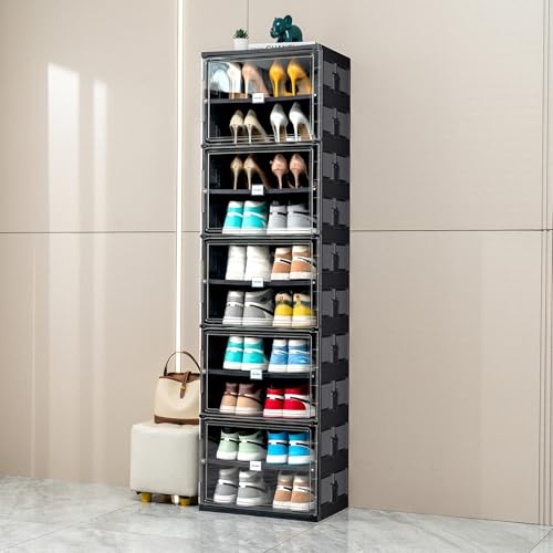 JEKO&JEKO 10 Tiers Foldable Shoe Rack Organizer Cabinet for Closet Entryway, Large Collapsible Shoe Storage Box with Magnetic Doors Fits Up to 20 Pairs (Black) - color: Single-row, size: 10 Tiers