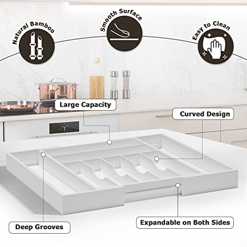 Utensil Organizer Silverware Drawer Organizer - Adjustable Utensil Tray Bamboo Silverware Divider with Groove for Kitchen Flatware, Hair Accessories, Repair Tools, Art Set W13.5"-19.9" x L17.6"(White) - color: White, size: 9 Slot