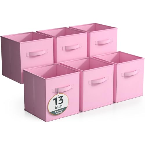 Sorbus Fabric Storage Cubes - 6 Foldable Storage Bins for Organizing Pantry, Cubbies, Toy Box - Clothes Storage & Closet Organizer - 13 Inch Collapsible Cube Baskets for Shelves with Handle - color: Pastel Pink, size: 13 Inch