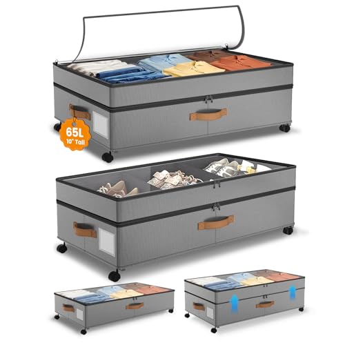 Under Bed Storage with Wheels, 10 inches Under Bed Storage Containers, 65L XXL Large Adjustable Underbed with Lids, Rolling Underbed Storage bins for Shoes, Clothes, Blankets, Grey - color: Grey
