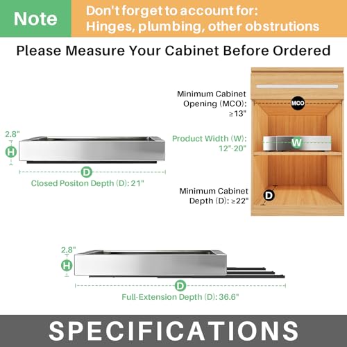 Pull out Cabinet Organizer, Stainless Steel Expandable(12"-20") Heavy Duty Slide out Drawers Fixed with Adhesive Nano Film for Pots, Roll out Shelf Storage for Kitchen Base(Silver-2pcs)(3 Rails) - color: Silver, size: 21"D×12"-20"W(2 Pack)