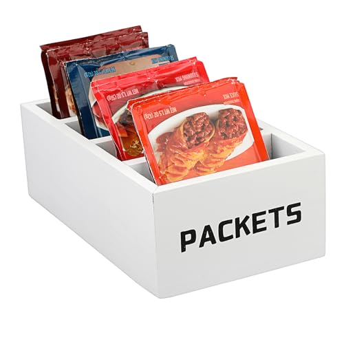 BSTKEY Seasoning Packet Organizer, Food Packet Storage Organizer with 4 Compartments, White Wooden Storage Caddy for Kitchen Pantry Cabinet, Farmhouse Kitchen Organization Bins for Snack Spice Packets - color: White
