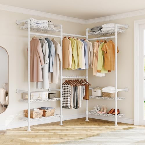 ONBRILL L3 Wall Mounted Industrial Pipe Closet System, Corner Closet Organizers with 4 Telescopic Rods & 6 Shelves, Heavy Duty Clothing Clothes Rack in Wardrobe Closet (White) - color: White