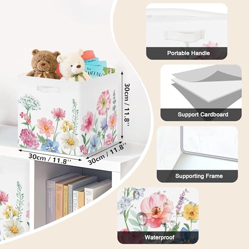 Clastyle Flowers Storage Cube Organizer Set Handle Closet Clothes Cube with Metal Frame Foldable Parents Organizer Storage Basket for Book Toy,Watercolour,11.8x11.8x11.8 in - color: Watercolour