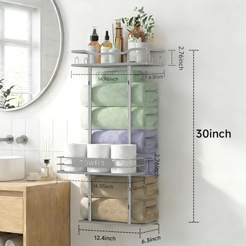 Towel Racks for Bathroom, 30inch Wall Mounted Towel Rack, Towel Storage for Small Bathroom Can Holds 6 Large Towels, Floating Shelf with Adjustable Tissue Basket(Sliver). - color: Sliver