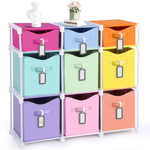 9 Cube Storage Organizer Shelf with Storage Bins and Label, 11 Inch Toy Cube Bins Clothes Closet Organizers Drawers Fabric Dresser for Living Room, Bedroom, Playroom, Dorm(Pastel) - color: Pastel