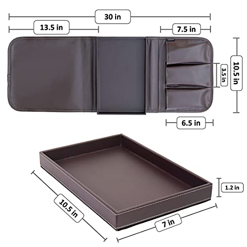 Anti Slip Armchair Caddy w/Detachable Wooden Snack Tray PU Leather Armrest Cup Holder Couch Arm for Recliner w/ 1 Big Pocket, 3 Small Pockets, Remote Control (Dark Chocolate), 10.5Wx30L - color: Dark Chocolate