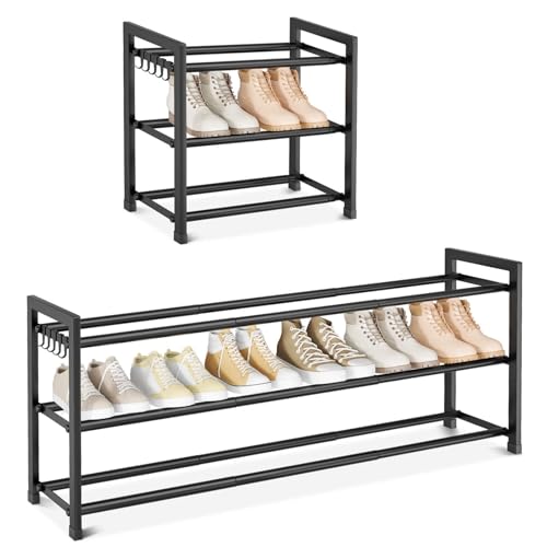 Expandable Shoe Rack - 18.5''- 47'' Adjustable Shoe Rack for Closet, 3 Tier Long Shoe Shelf Storage for 18 Pairs Shoe and Boot, Sturdy Metal Shoe Organizer for Entryway, Garage, Black