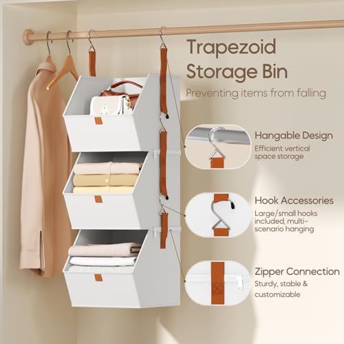 Homsorout Collapsible Hanging Closet Organizer - 3 Tier Closet Shelves Storage System with Hooks, Fabric Hanging Storage Bins for Clothes, Foldable Storage Basket for Laundry, Bedroom, Rv, White - color: White, size: 3 shelves