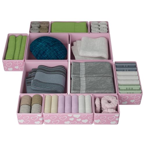 12 Pack Foldable Pink Drawer Organizers – Fabric Baby Clothes Organizer for Nursery Dresser & Closet | Pink Storage Bins, Drawer Dividers for Baby Clothes, Diapers, Socks & Toys - color: Pink with white hearts