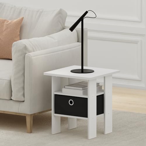 Furinno Andrey Side Table, End Table, Night Stand with Open Shelves and Storage Bin, Bedside Table, for Living Room, Bedroom, White - color: White/Black, size: 1-Pack, Center Bin