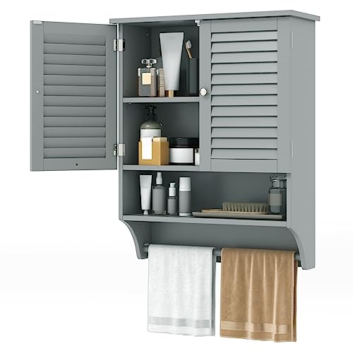 Tangkula Wall Mounted Bathroom Cabinet with Open Shelf & Bar, Medicine Cabinet with Double Louvered Doors, Wall Storage Cabinet with Adjustable Shelf, for Bathroom Living Room Kitchen (Grey) - color: Grey