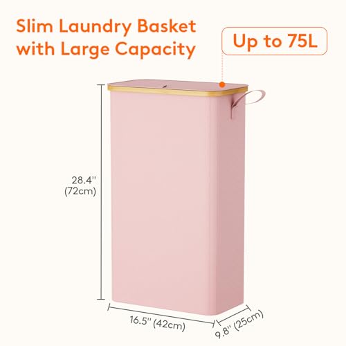 Lifewit 75L Slim Laundry Hamper with Lid, Narrow Laundry Basket with Removable Bag & Bamboo Handles, Fodable Thin Dirty Clothes Hamper for Laundry Collapsible Bin for Bathroom Bedroom Dorm, Pink - color: Pink, size: 75L