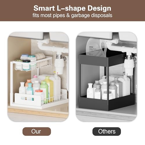 VUSIGN 2 Tier Under Sink Organizer, Slide Out Pull Out Cabinet Organizer, Cabinet Kitchen Bathroom Storage Organization Shelf, 2 Pack, White - color: White-2pcs