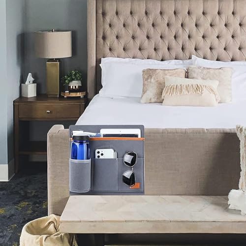 Bringsine Bedside Caddy, Felt Bed Storage Organizer Hanging Bag Holder with 5 Pockets for Magazine Book Phone Tablet iPad Cables Remote & Water Bottle Holder Home Dorm Bed Sofa-Light Teal - color: Light Teal, size: 4 Pockets + Bottle Holder