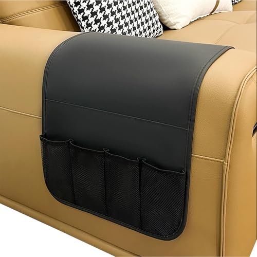 IPENNY No-Slip PU Leather Sofa Armrest Organizer, Remote Control Holder Arm Chair Beside Storage Bag for Recliner with 5 Pockets (Black) - color: Black