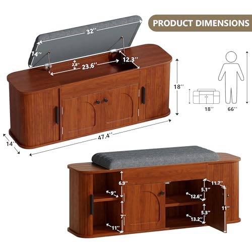 Einhomn 47.2'' Sliding Door Entryway Shoe Storage Bench with Seat Cushion, Shoe Rack with Lift-Top Hidden Storage & Adjustable Shelf, Bench for Bedroom End of Bed, Walnut - color: Walnut