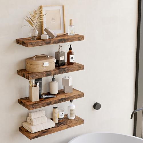 Fixwal Wood Floating Shelves, Wall Shelves Set of 4, Shelves for Wall Decor, with Invisible Brackets for Bathroom, Living Room,Bedroom and Kitchen(Rustic Brown) | Wall Shelves, for Bathroom, Living Room, Bedroom, Kitchen - color: Rustic Brown
