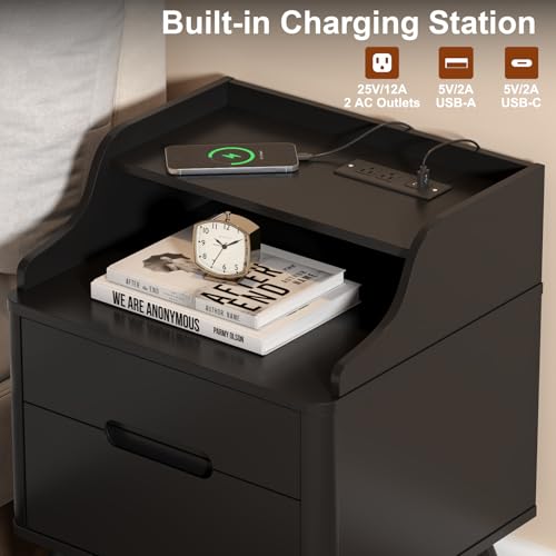 Black Night Stand with Charging Station, 21" Nightstand with Drawer/Open Shelves, Modern Nightstand w/2 Storage Drawers for Bedroom, Wood Bed Side Table End Table Bedside Table for Dorm, Home Office - color: Black, size: 15.8"D x 17.7"W x 21.7"H (2 Drawer