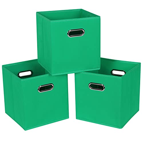 Fabric Cloth Storage Bins,Fabric Cube Bins Organizer with Dual Handles Foldable Cube Storage Baskets for Home Bedroom Storage,Set of 3,(Green) - color: Green, size: 3 Pack