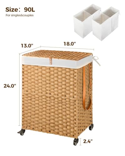 Greenstell Laundry Hamper with Wheels, No Install Needed, 90L Divided Handwoven Hampers & 2 Removable Liner Bags, Synthetic Rattan Clothes Laundry Basket with Lid & Handles, Foldable Hampers Natural - color: Natural, size: 90L: 18.3x13.5x26.4 Inches