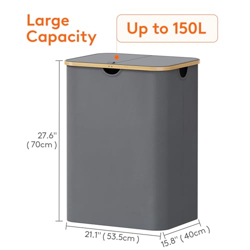Lifewit 150L Laundry Basket with Lid, Clothes Hampers for Laundry with Bamboo Handles and 2 Removable Bags, Large Foldable Laundry Hamper for Bedroom, Bathroom, Dorm, Grey - color: Gray, size: 150L