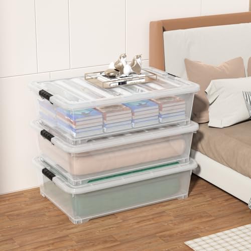 50 Quart Plastic Under Bed Storage Boxes, Clear Under Bed Storage Containers with Wheels, 3-Pack - size: 50L