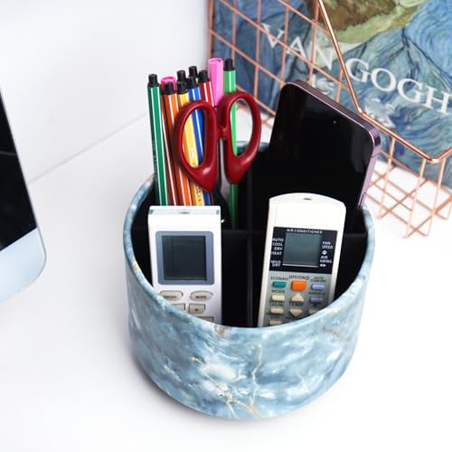 Round Leather Art Supply Organizer,Remote Control Holder,360-degree Rotating Pen Organizer with 4 Compartments(1-Marble Jade) - color: 1-Marble Jade