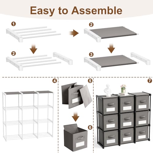 Geelin 9 Cube Storage Organizer with Fabric Bins and Labels 11 Inch, Fabric Collapsible Cubby Clothes Storage Drawer Dresser for Bedroom Living Room Office Organization - color: Gray