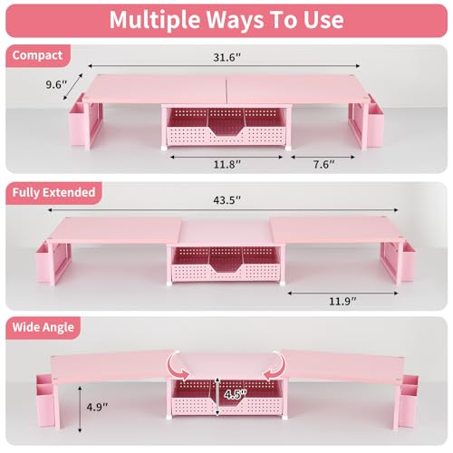 OPNICE Desk Organizers and Accessories, Dual Monitor Stand Riser with Drawer and 2 Pen Holders, Desk Shelf Wood Computer Racks for Office Workspace Organizers, Desktop Organization (Pink Wood) - color: Pink Wood, size: With drawer and pen holder