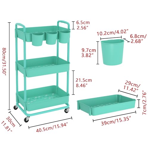 JIUYOTREE 3-Tier Plastic Rolling Storage Cart Utility Cart with Extra Hanging Cups Handles Lockable Wheels for Living Room Bathroom Kitchen Office Green - color: Green, size: 3-Tier