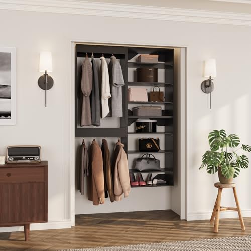 ROOMTEC Modular Closet System, 46" Wall-Mounted Closet Organizer with Hanging Rods and Shelves, Wooden Tower for Walk-In Closets, Wardrobe Storage Kit, Black - size: 46" Wide, style: Model 7