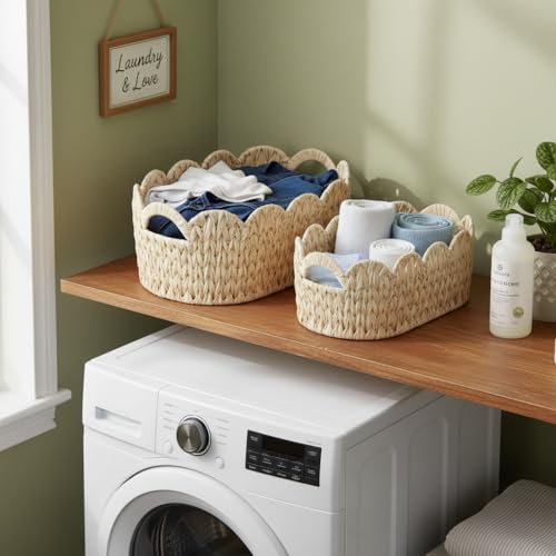 Coeusy Wicker Scalloped Basket Set of 2,Woven Storage Baskets for Shelves,Closet,Laundry,Gifts,Towels,Books,Toys,Waterproof Boho Decor Basket for Organizing - color: Beige