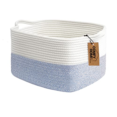 COMFY-HOMI Cotton Rope Woven Basket with Handles for shelf，Toy, Book, Cloth Storage Basket for Organizing-13.5"X11"X9.5" Storage Bin for Living Room, Newborn or Infant Gift for boy girl （White/blue） - color: white/blue, size: 13.5"X11"X9.5"