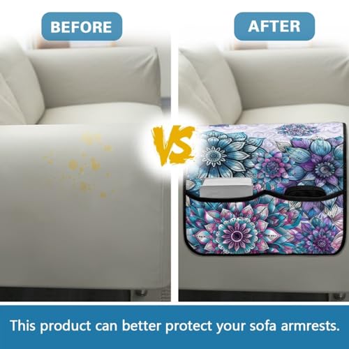 Boho Mandala Floral Print Sofa Armrest Organizer Scratch Proof Couch Sofa Armrest Cover Remote Controls Holder, 2 Side Storage Pocket for Magazine, Remote, Phone, Books - color: Boho Mandala Floral