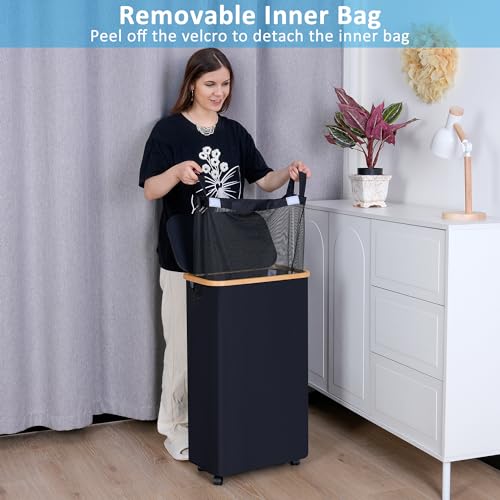 efluky Slim Laundry Basket with Wheels, Narrow Rolling Laundry Hamper with Lid and Removable Bag, Aesthetic Dirty Clothes Hamper on Wheels for Laundry Room, Bedroom, Dorm and Bathroom, 75L Dark Black - color: Black, size: 75L