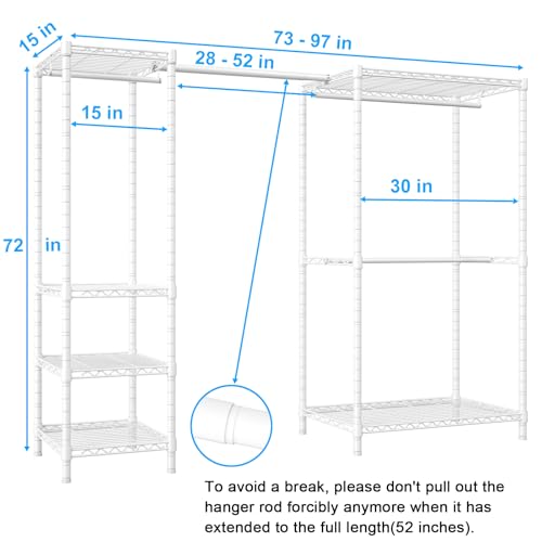 Ulif E10 Clothes Rack（With Stretchable Hanger Rod）Freestanding Clothing Racks for Hanging Clothes，Adjustable Closet Organizer System，Portable Garment Rack 73-97"W x 15" D x 72" H，Max Load 800LBS，White - color: White