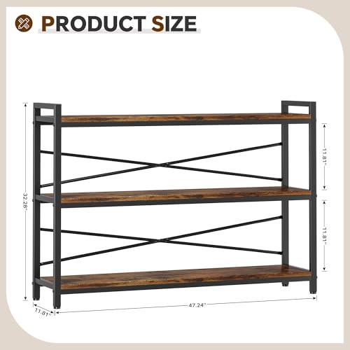 3 Tier Bookcase 47.24" Width, Long Industrial Book Shelf, Vintage Wooden Large Book Shelf for Home Living Room Bedroom Office Storage(Vintage) - color: Vintage, size: 3 Tier - 47.2" W