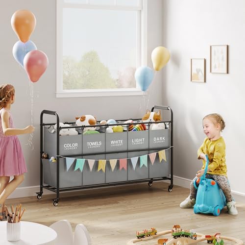 Tajsoon Laundry Sorter, Laundry Hamper 5 Section with Heavy Duty Rolling Lockable Wheels, Laundry Basket Organizer with Removable Bags for Dirty Clothes Storage, Grey - color: Grey
