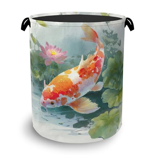 Goldfish Laundry Basket,Lotus Foldable Oxford Cloth Tote Bag Laundry Hamper Clothes Storage Bucket Organizer for Bedroom Laundry Storage Dormitories 16" x 20.8" - color: Goldfish Lotus