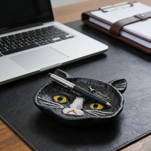 Black Cat Cast Iron Key Dish, Decorative Hand-Painted Key Holder Tray, Multi-Purpose Rustic Storage Organizer Tray for Keys, Jewelry & Small Accessories, Ideal for Entryway