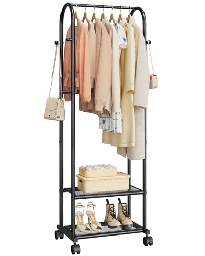 Sakugi Heavy Duty Premium Clothes Rack with 2-Tier Mesh Shoe Shelves & 4 Hooks, Lockable Wheels, Space-Saving, Multi-Functional for Bedroom, Entryway, Closet, Modern Design, 18.4" x 12.6" x 72", Black - color: Black
