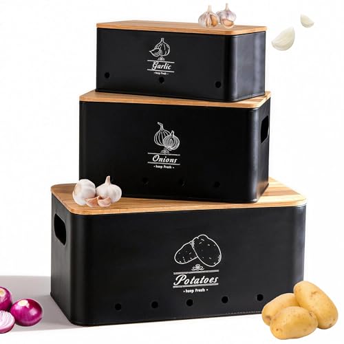 Potato Onion and Garlic Storage Bin Set of 3, Black Metal Kitchen Vegetable Canisters with Bamboo Lid and Aerating Holes, Stackable Kitchen Storage Tin for Countertop Pantry - color: B - Black Vegetable Canisters