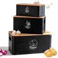 Potato Onion and Garlic Storage Bin Set of 3, Black Metal Kitchen Vegetable Canisters with Bamboo Lid and Aerating Holes, Stackable Kitchen Storage Tin for Countertop Pantry - color: B - Black Vegetable Canisters