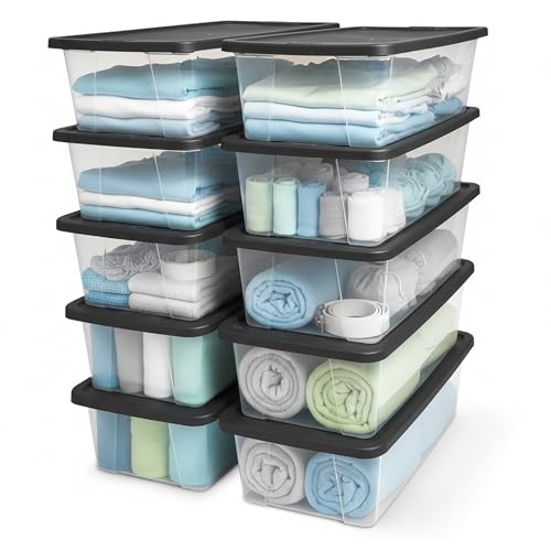 HOMZ 10-Pack Snaplock, Small Clear Plastic Storage Organizer Bins w/Lids, 6 Quart, Gray - Stackable Container Boxes for Bedroom, Bathroom, Garage, and Office Organization - color: Gray Lid, size: 6 QT (10 Pack)
