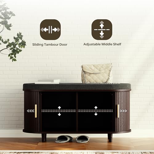 DHH 2-Tier Storage Bench,Wide Shoe Bench with Thickened Padded Seat Cushion, Mid Century Modern Fluted Sliding Door and Adjustable Shelf, for Entryway, Living Room, Bedroom (Dark Walnut, 35.4“) - color: Dark Walnut, size: 35.4 inch