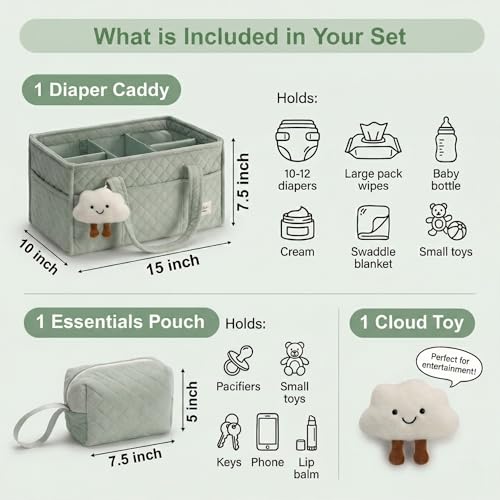 PeraBella Baby Diaper Caddy Organizer, Baby Basket Shower Gift, Portable Changing Table Basket, Postpartum Caddy & Tote Bag Pouch, Newborn Boy & Girl Nursery Essentials Registry, Car Diaper Organizer - color: Sage Green