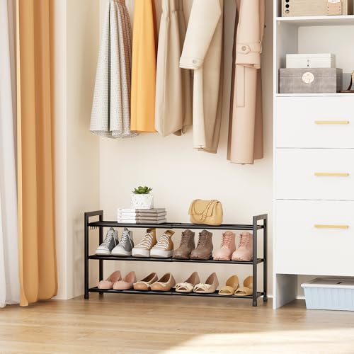 LANTEFUL Adjustable 18"-33" Expandable Shoe Rack for Closet 12 Pairs Small Spaces 3 Tier Shoe Organizer with 5 Hooks Metal Shoe Shelf for Entryway, Bedroom