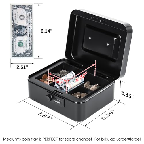 KYODOLED Cash Box with Combination Lock Safe Metal Money Box with Money Tray for Security Lock Box 7.87"x 6.30"x 3.35" Black - color: Black, size: Medium
