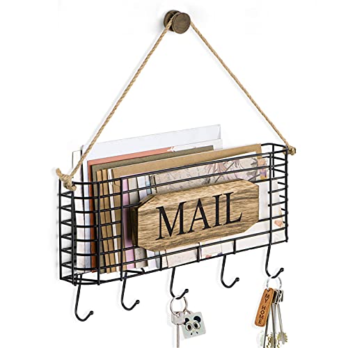 SRIWATANA Mail Holder, Rustic Mail Organizer Wall Mount Hanging Mail Sorter Letter Basket with 5 Key Holder for Wall, Large, Carbonized Black - color: Carbonized Black, size: Large